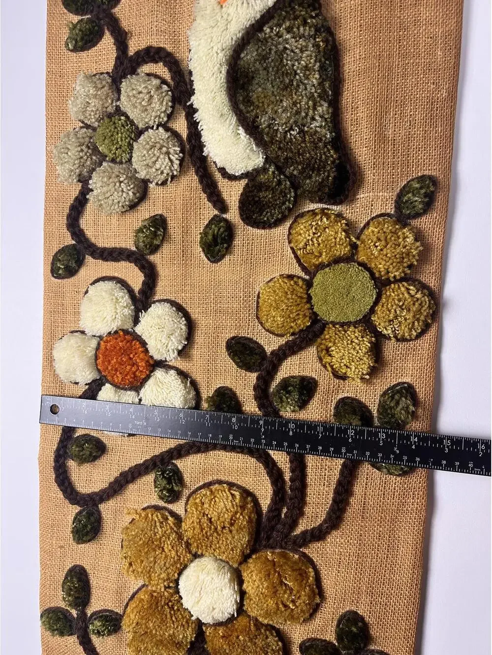 Vintage 1970s Owl Burlap Wall Hanging Handmade Boho Fiber Art Textile Decor